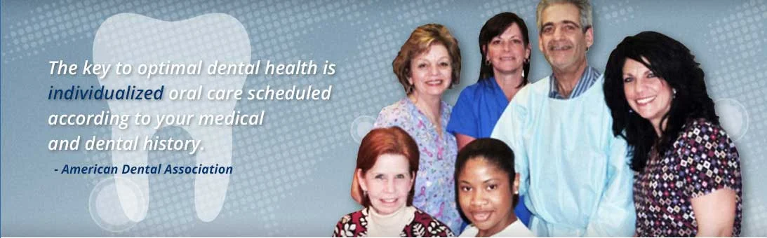 A group of six people, including dental professionals, pose and smile warmly. A quote from the American Dental Association about individualized oral care is displayed on the left side over a tooth graphic background, highlighting dentistry in Pearl River NY.